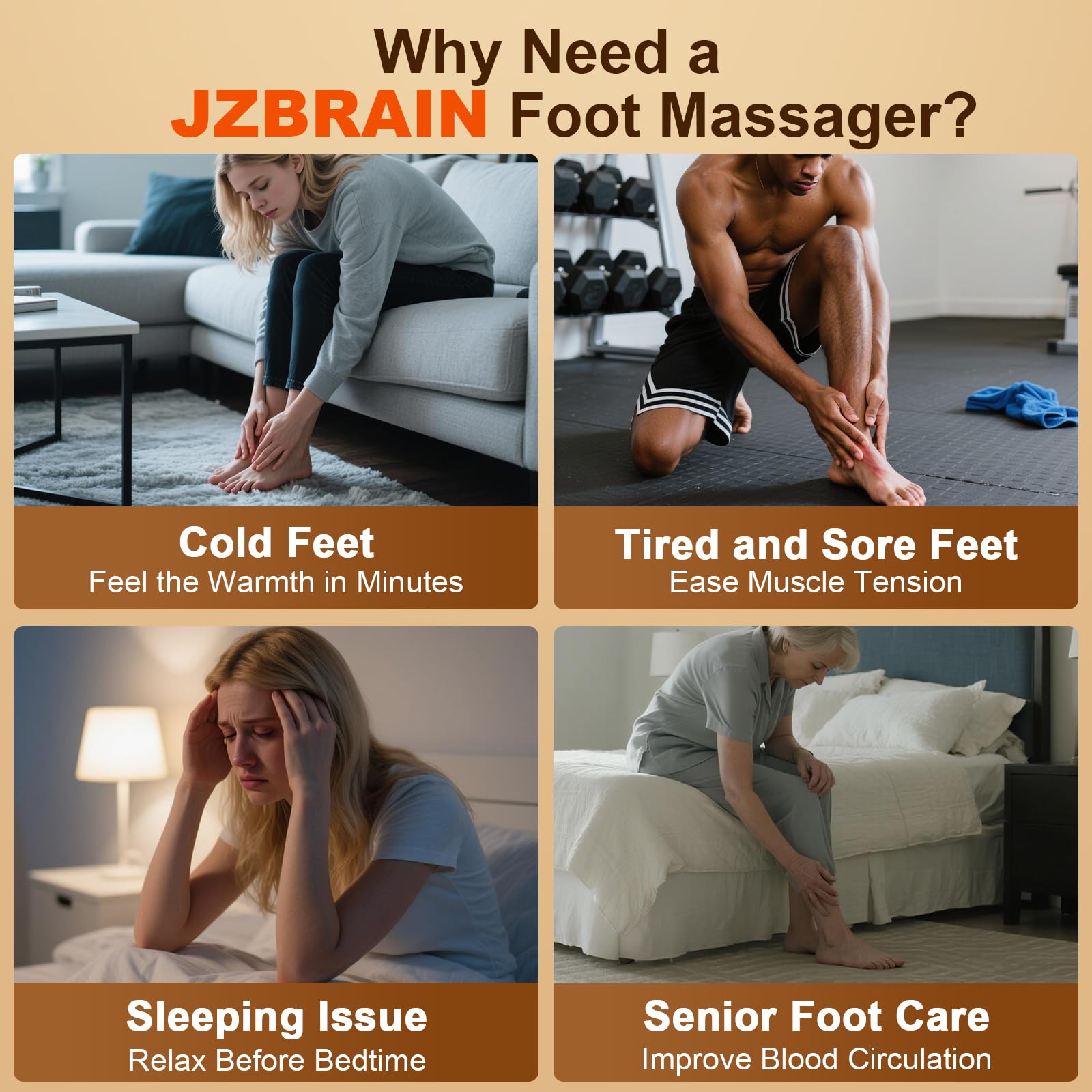 JZBRAIN Shiatsu foot massager in use conveys a calm evening ritual.