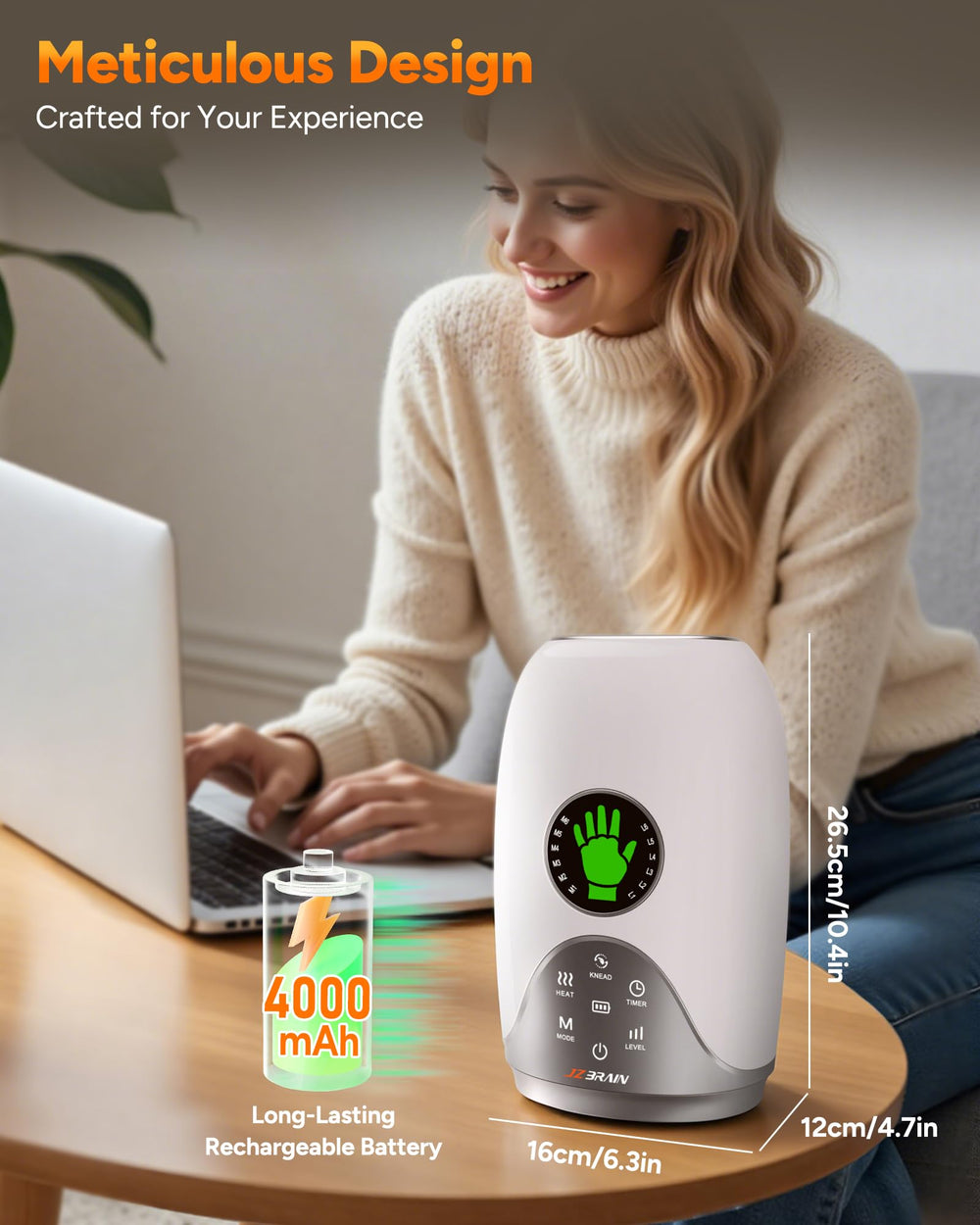 JZBRAIN cordless massager with 4000mAh battery powers up to 4–5 sessions.