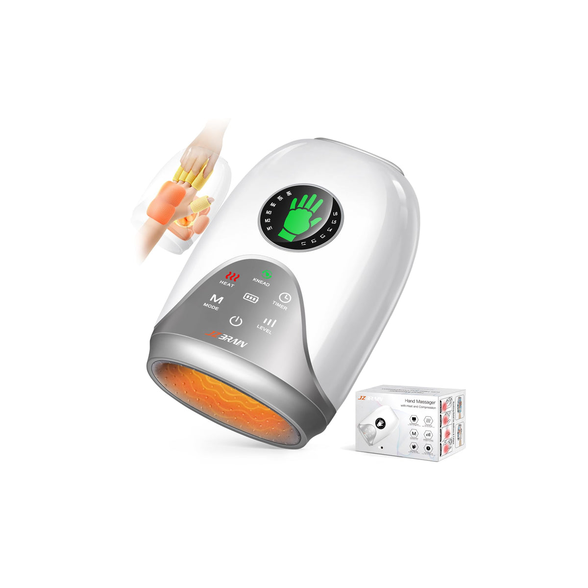 JZBRAIN hand massager demonstrates full-hand comfort with 360° wrap for tension relief.