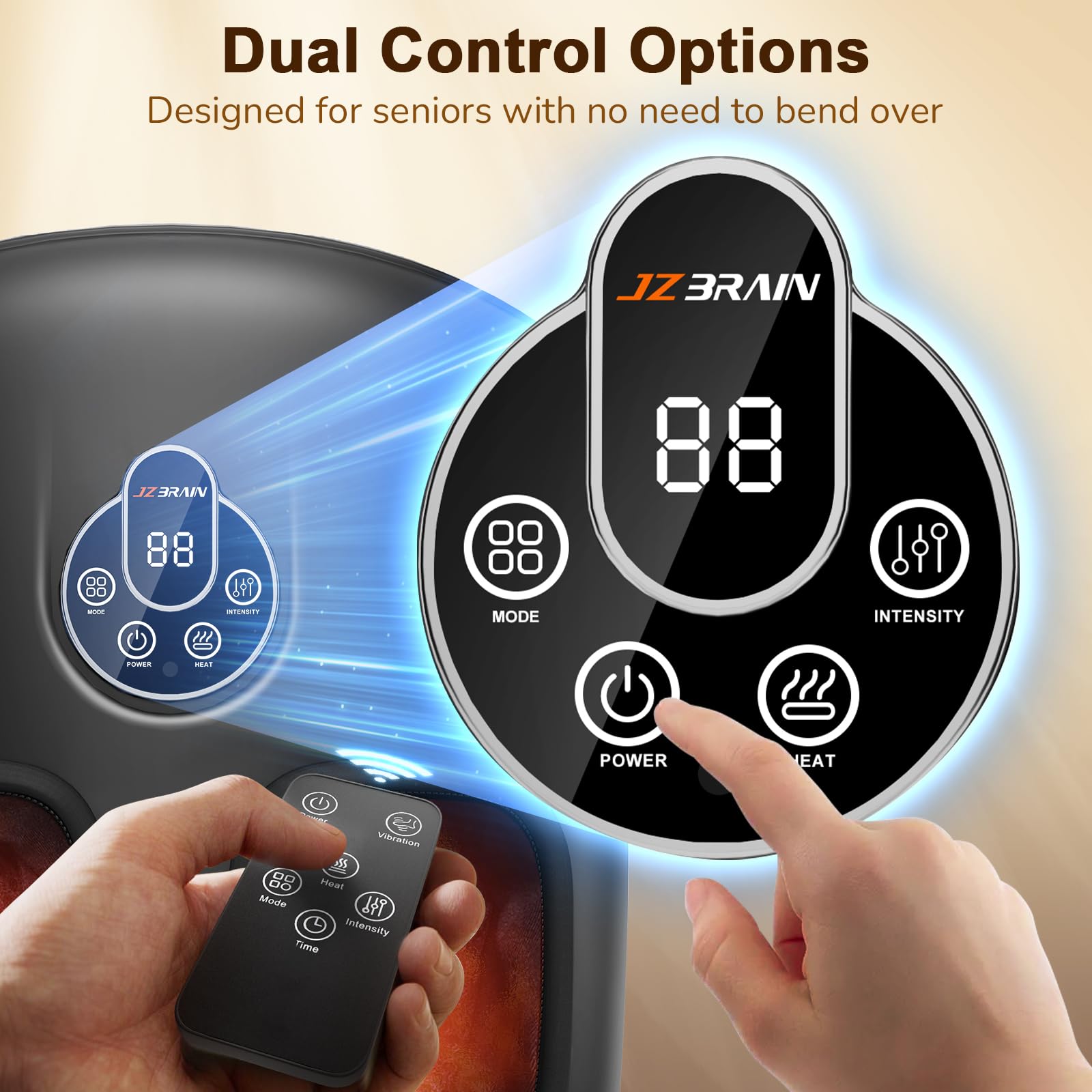 JZBRAIN massager shows heat settings for soothing warmth during sessions