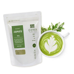 K-Herb mugwort powder in glass jar showing vibrant green powder