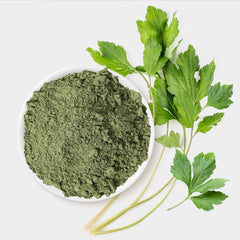 K-Herb mugwort powder packaging on kitchen counter for DIY blends
