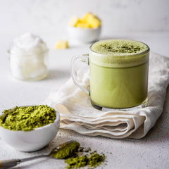 K-Herb mugwort powder in tea setup for aromatic brewing