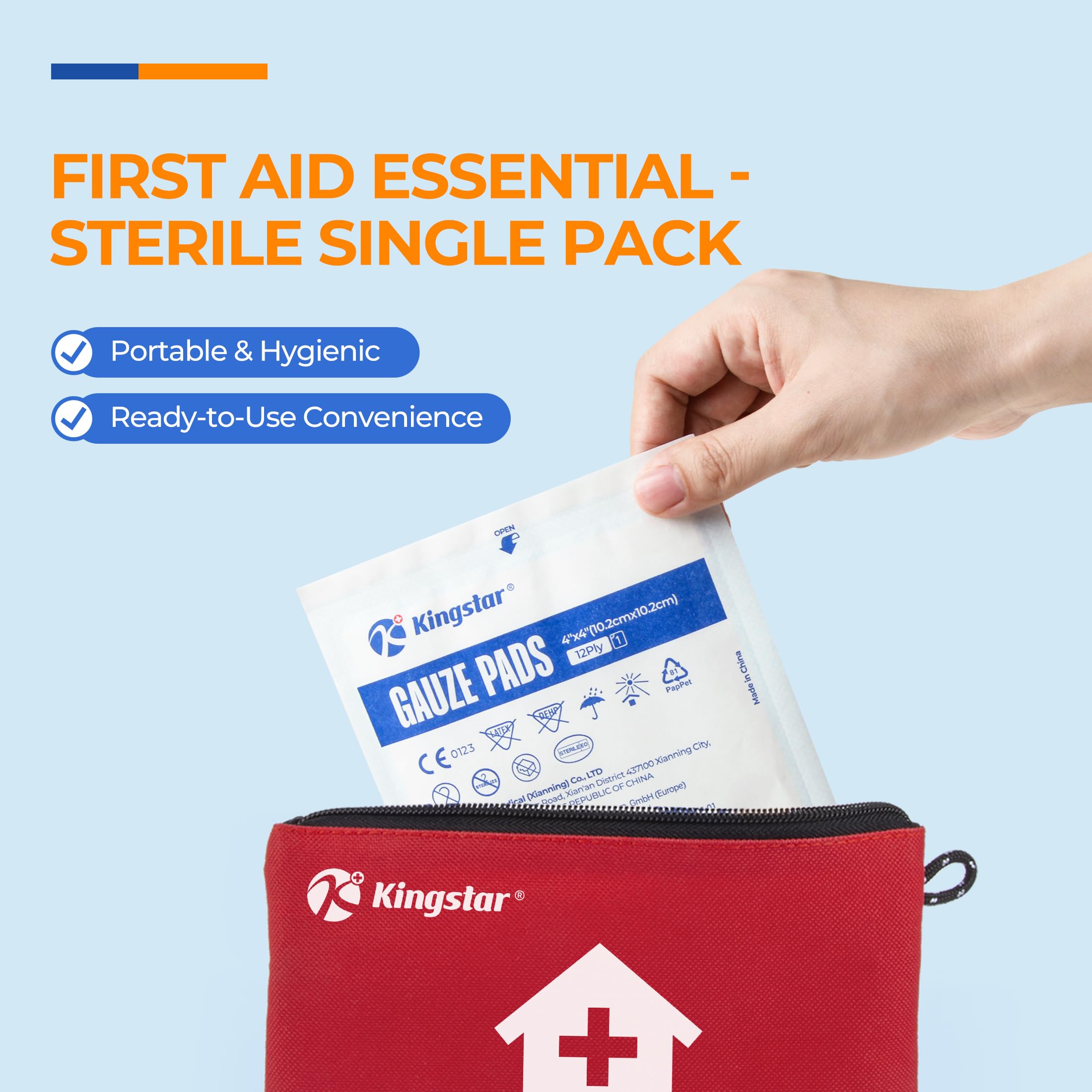 K Kingstar individually packaged gauze pad prevents contamination and allows ready use.