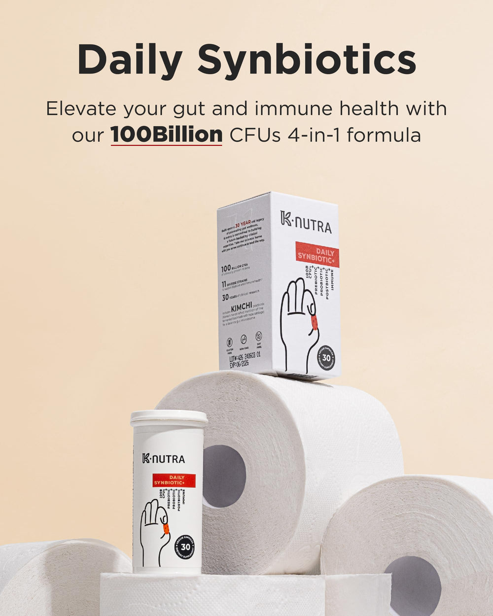 K-NUTRA Daily Synbiotic+ 11-strain probiotic blend promotes digestive balance.