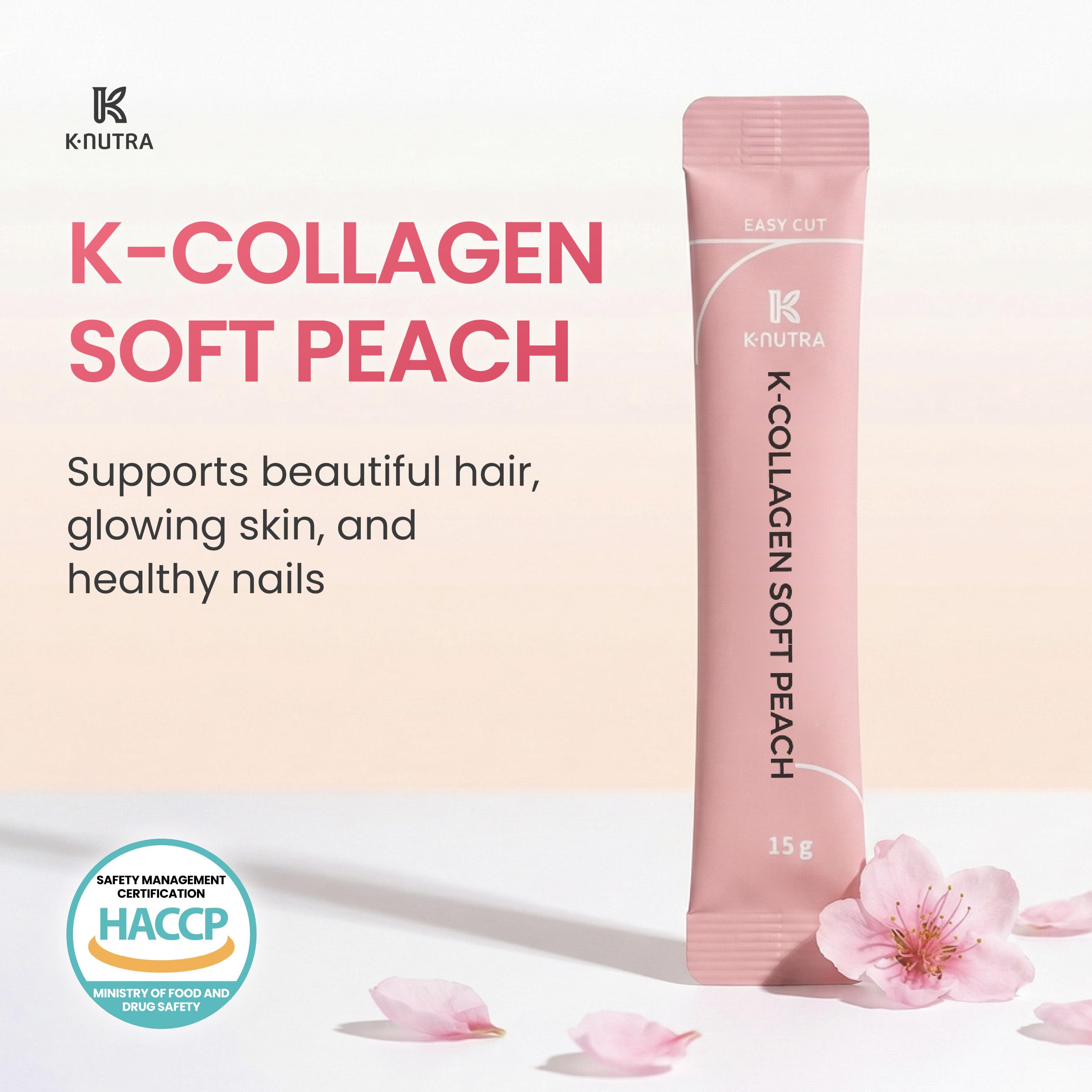 K-NUTRA K-Collagen Soft Peach dissolves quickly in water for fast consumption.