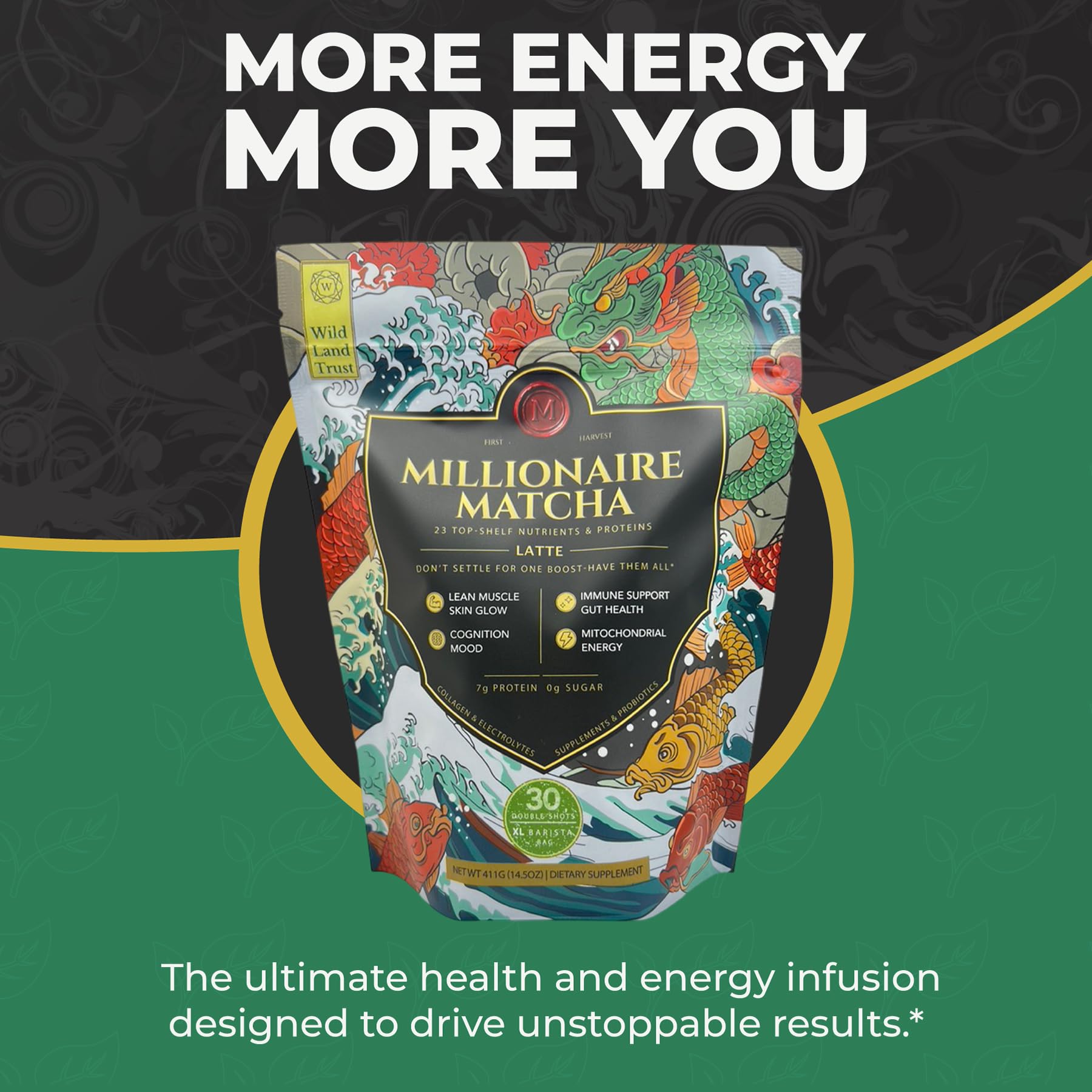 K* PAX Matcha close-up shows protein, probiotics, and polyphenols in harmony.