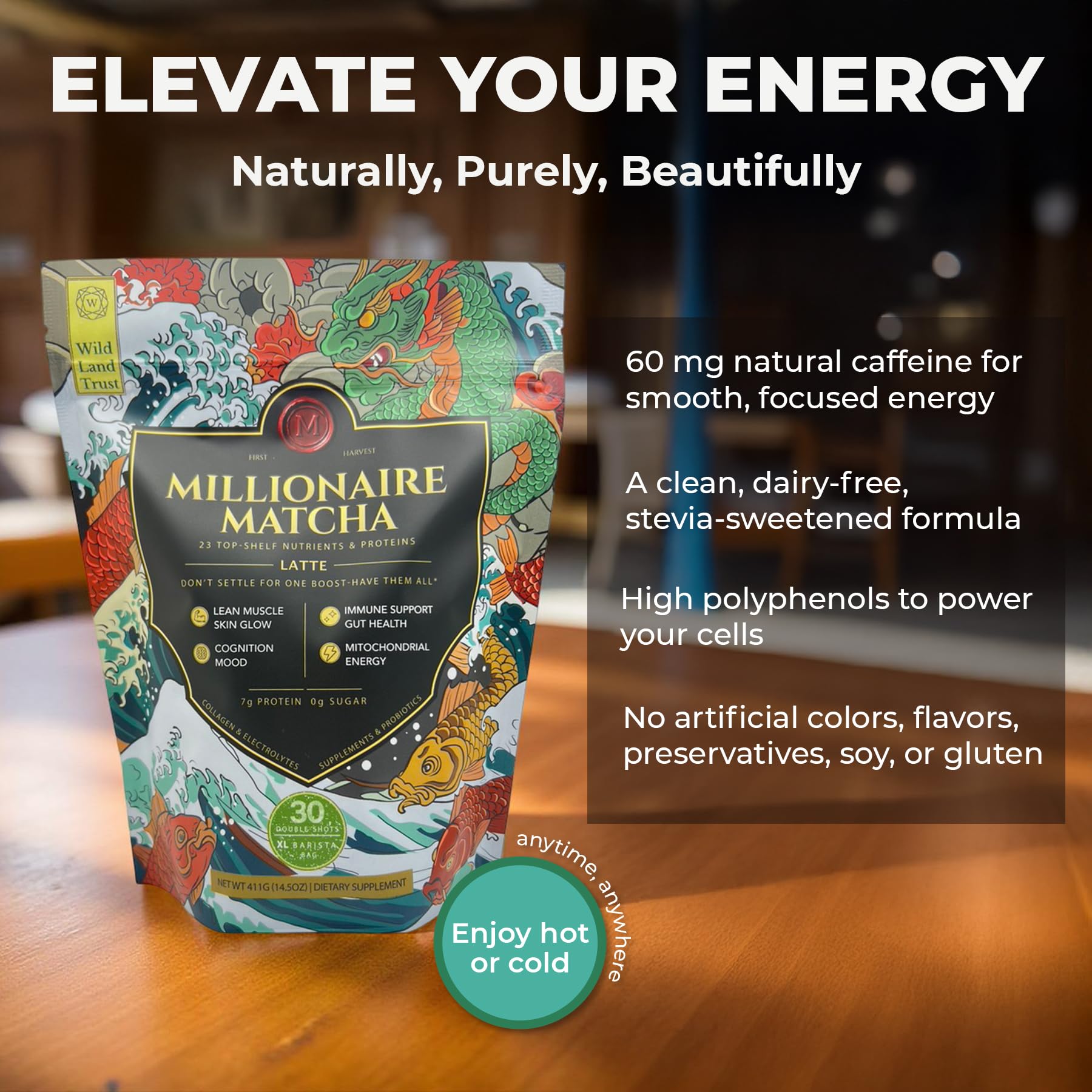 K* PAX scoop pouring into cup for a latte-style energy boost.
