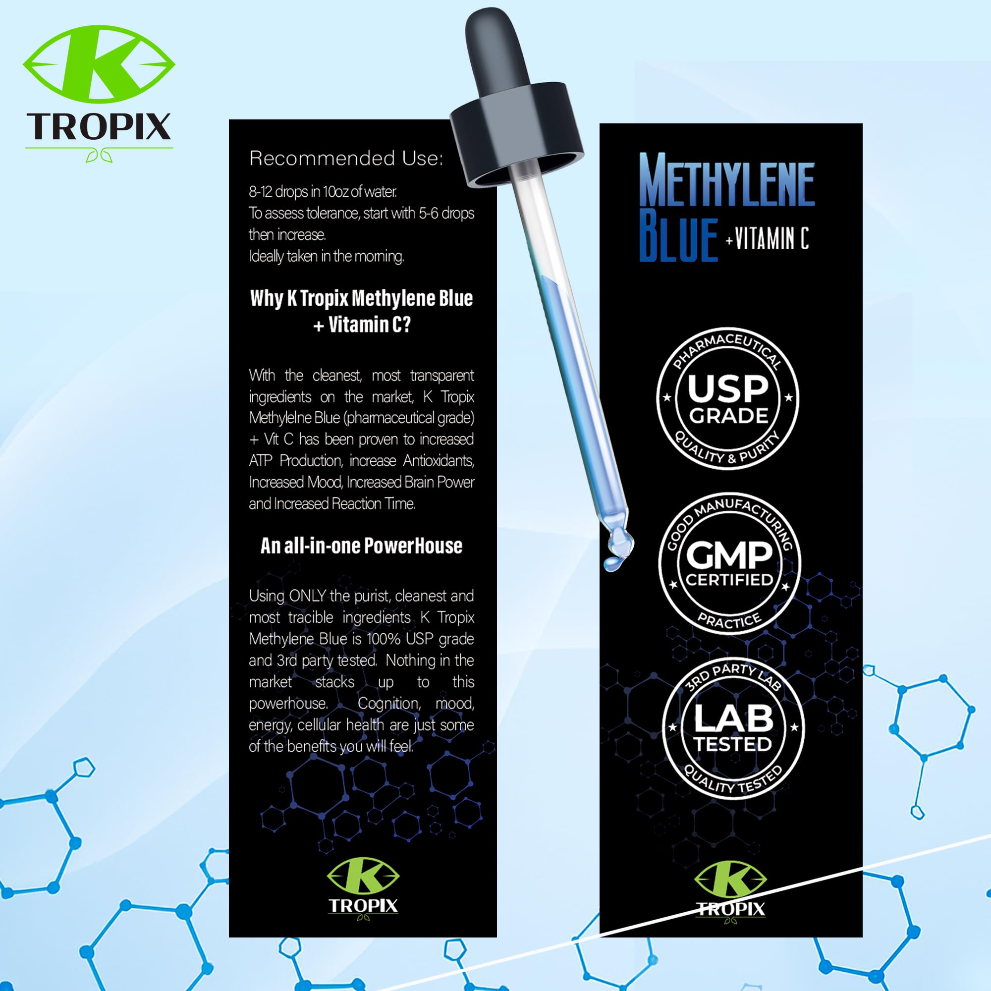 K TROPIX label close-up shows natural flavor and stevia, enhancing taste.