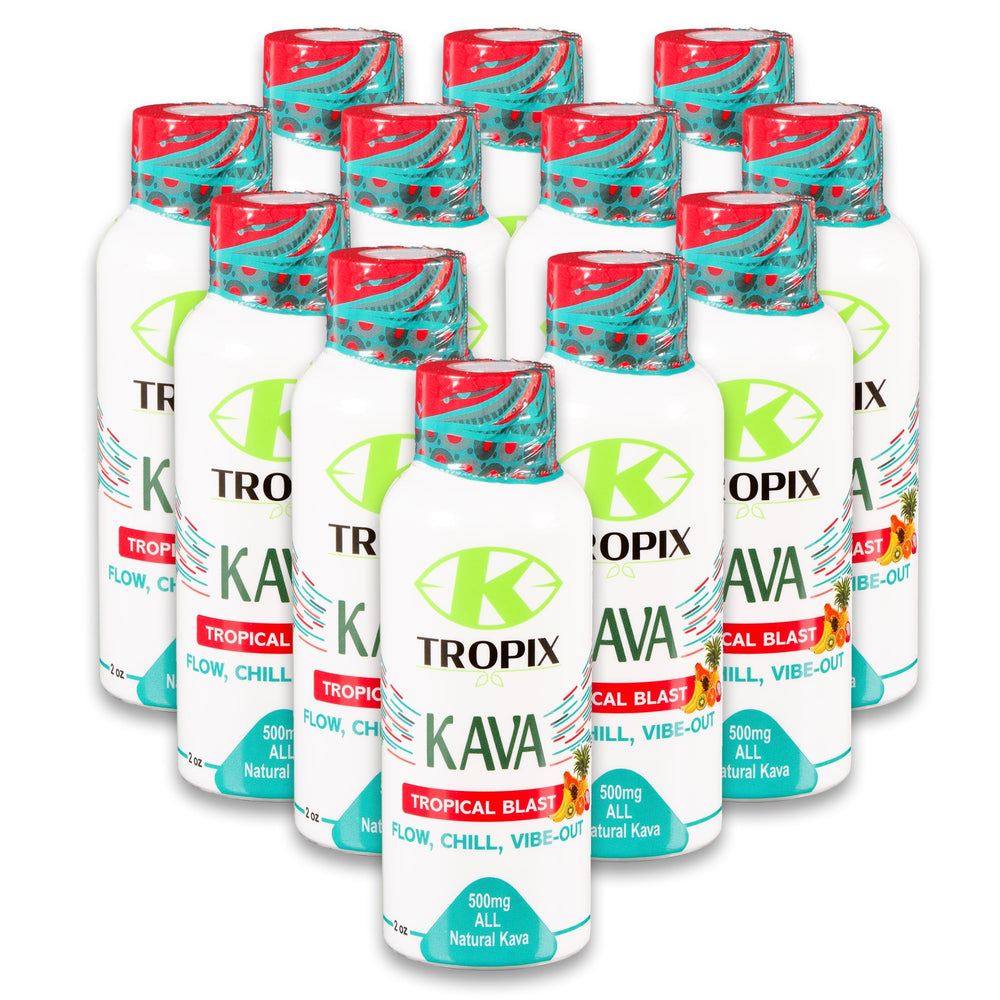 K Tropix Kava Shot Tropical Blast bottle on desk for calm relaxation