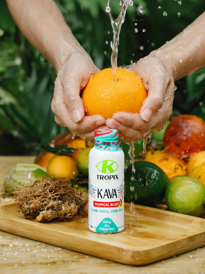 K Tropix Kava Shot Tropical Blast pour showing earthy aroma and soothing vibes
