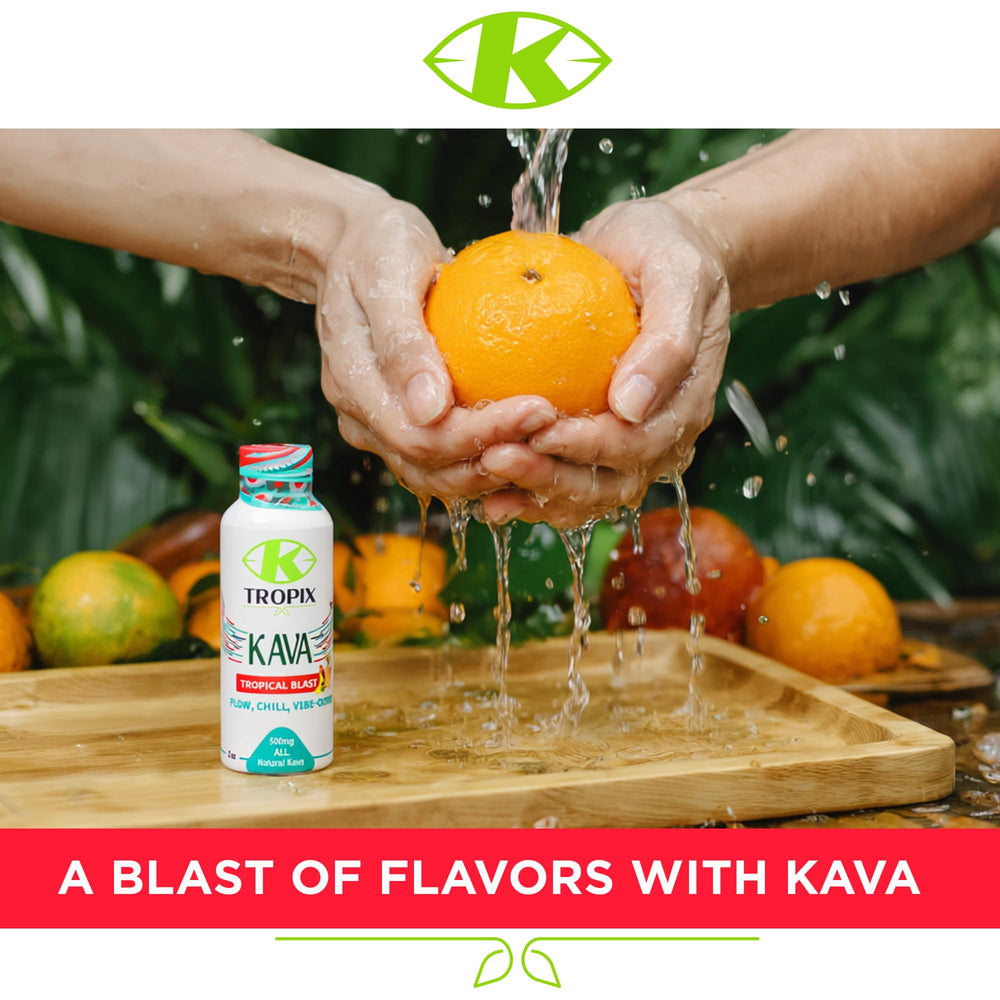 K Tropix Kava Shot Tropical Blast label highlights tropical fruit notes.