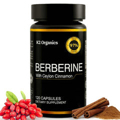 K2 Organics Berberine bottle showing easy daily capsules for convenient use.