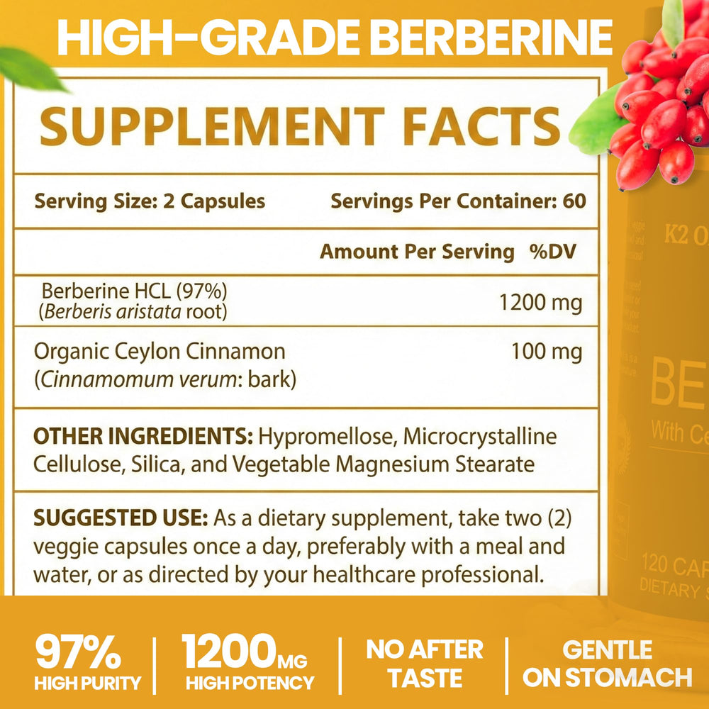 K2 Organics Berberine capsules close-up highlighting vegan, high-purity formula.