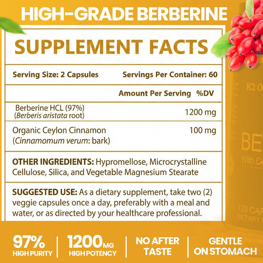 K2 Organics Berberine capsules close-up highlighting vegan, high-purity formula.
