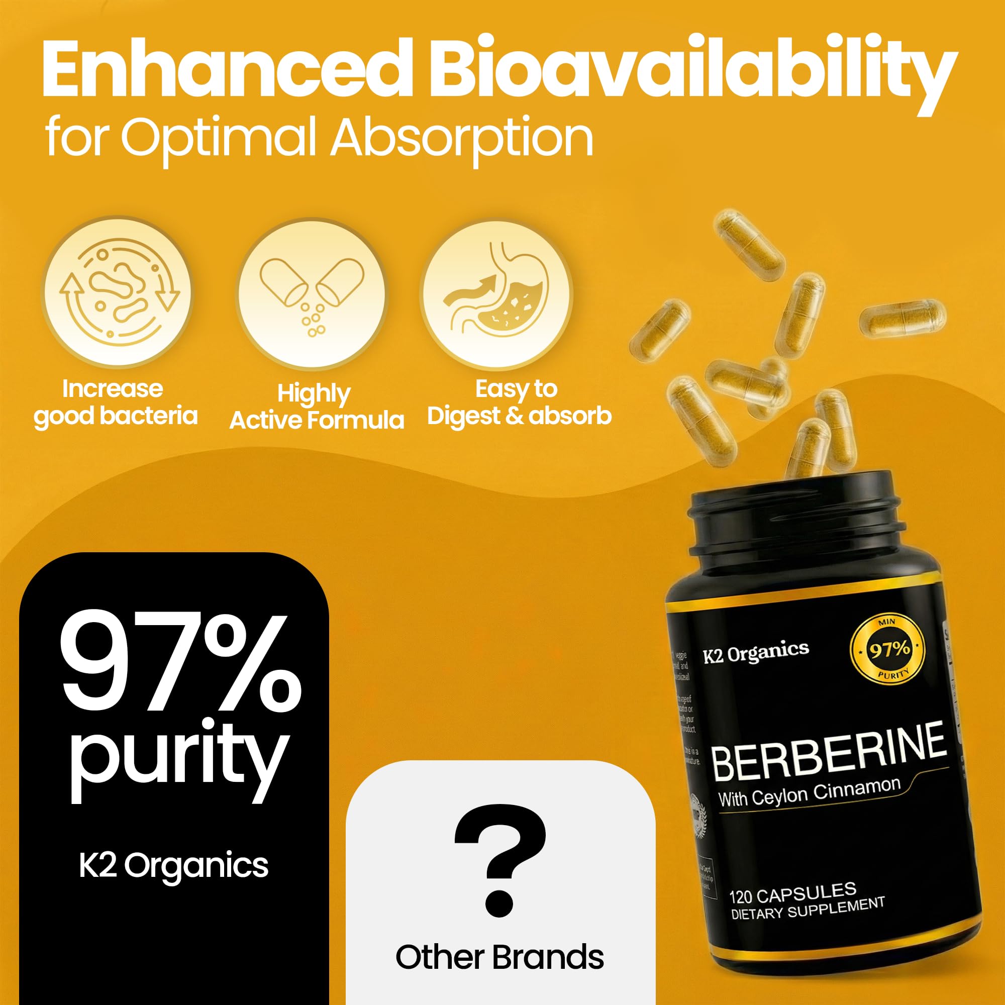 K2 Organics Berberine gluten-free symbol on packaging highlights dietary options.