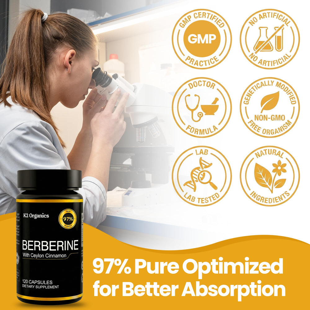 K2 Organics Berberine serving spoon hints at simple two-capsule daily dose.