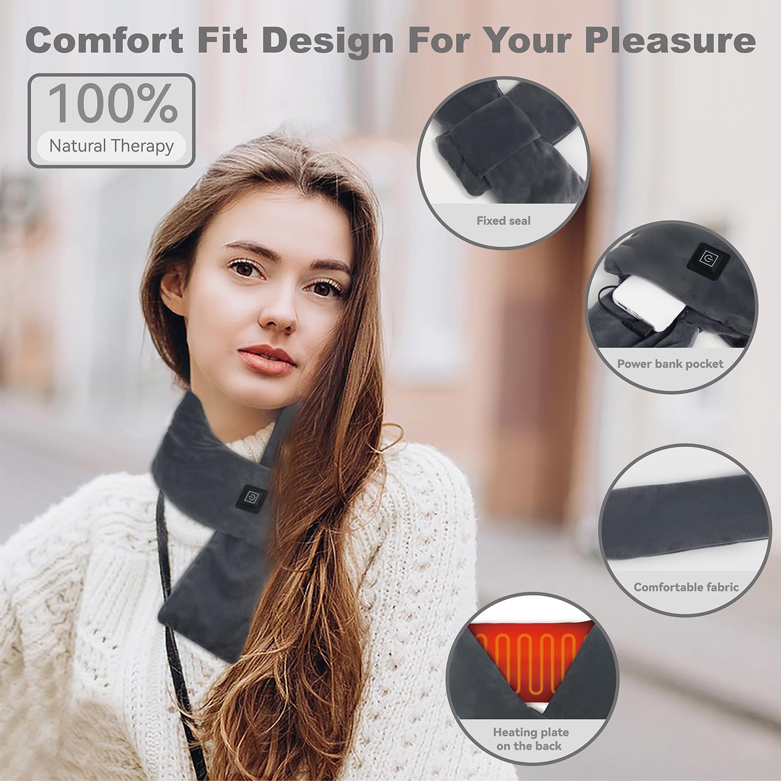 KADORVA heated scarf offers wide coverage to soothe neck and shoulders.