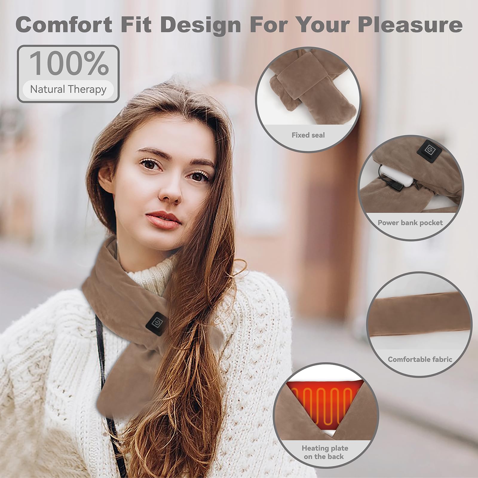 KADORVA scarf showing three heat levels for customizable comfort.
