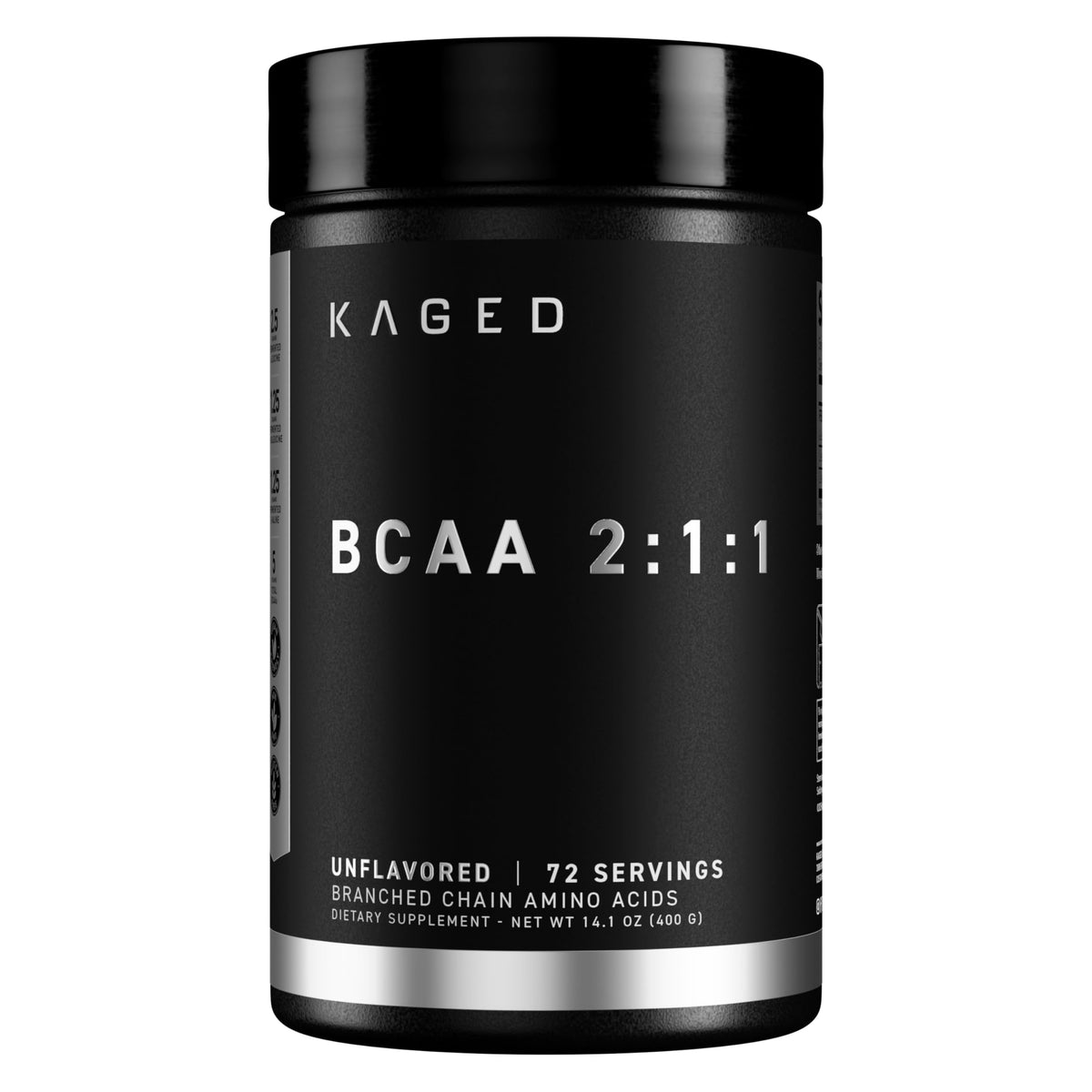 Kaged BCAAs bottle front view highlighting vegan, plant-based formula.