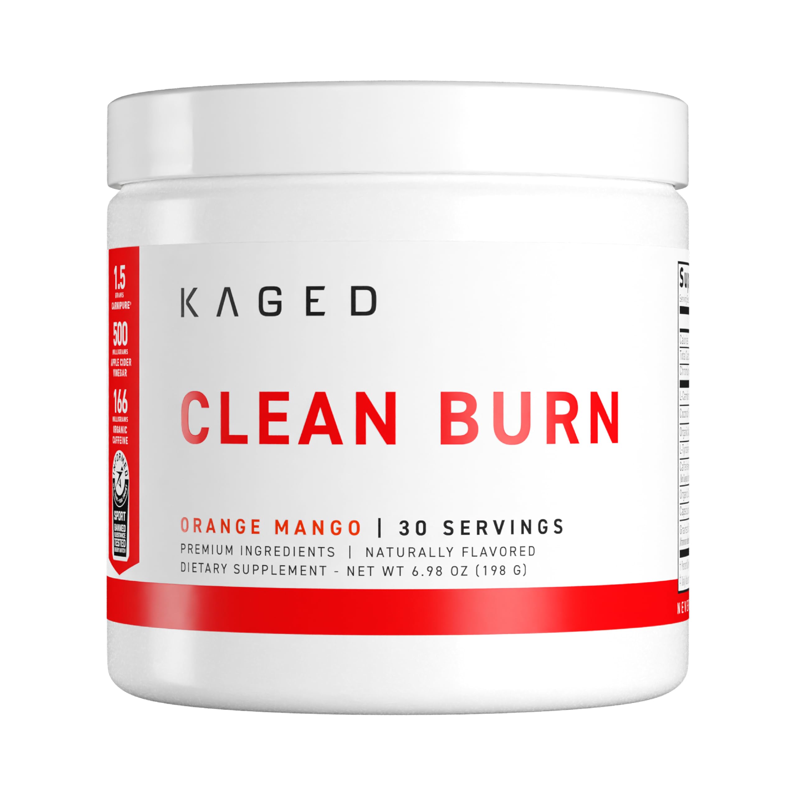 Kaged Clean Burn orange mango tub provides convenient thermogenic support for workouts.