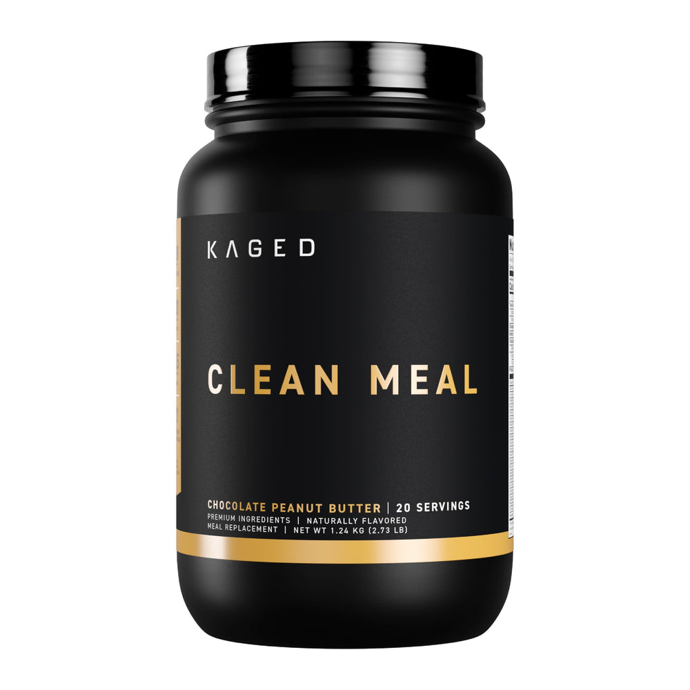 Kaged Clean Meal powder bottle in chocolate peanut butter flavor for convenient meal replacement