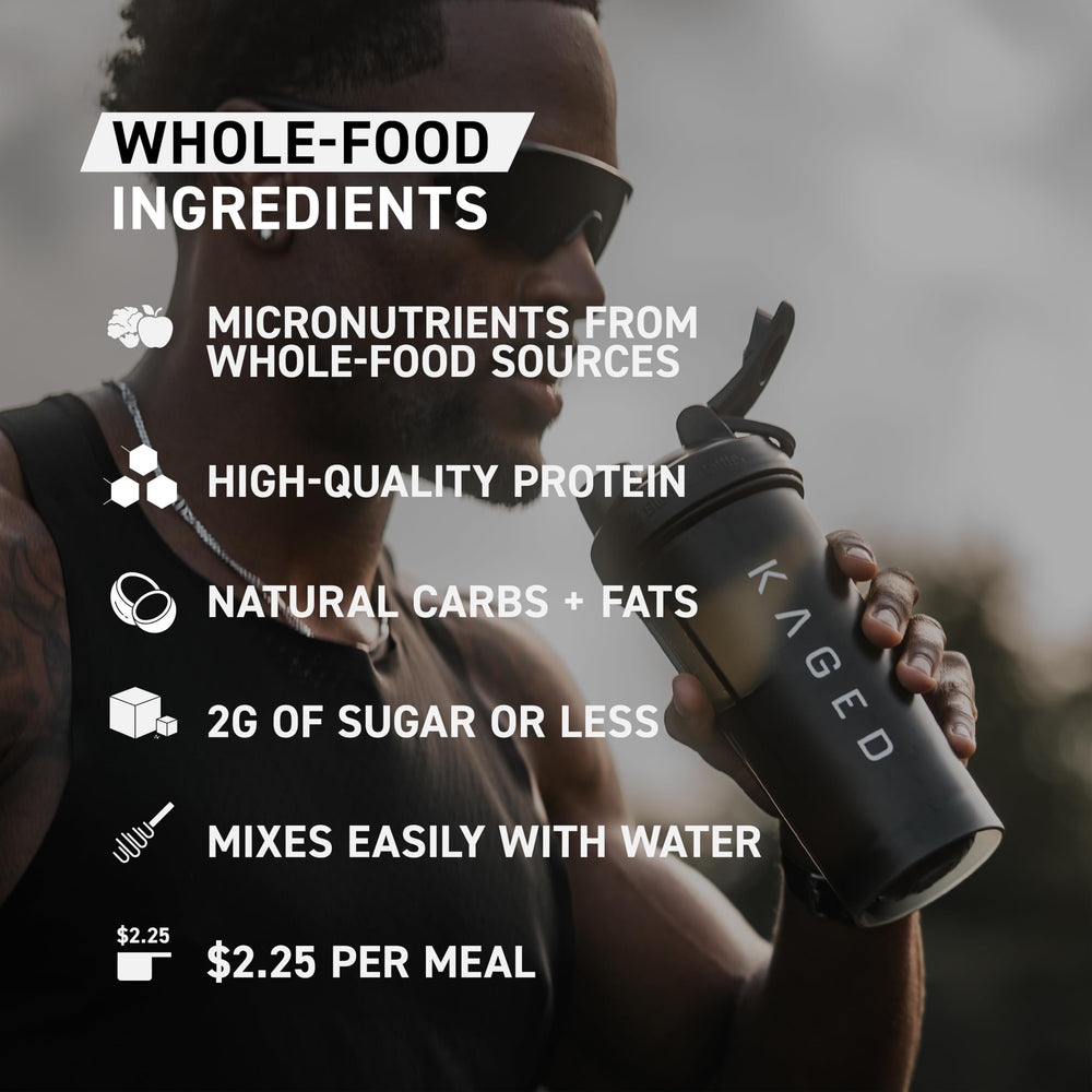 Kaged Clean Meal bottle showing 21 organic vitamins and minerals.
