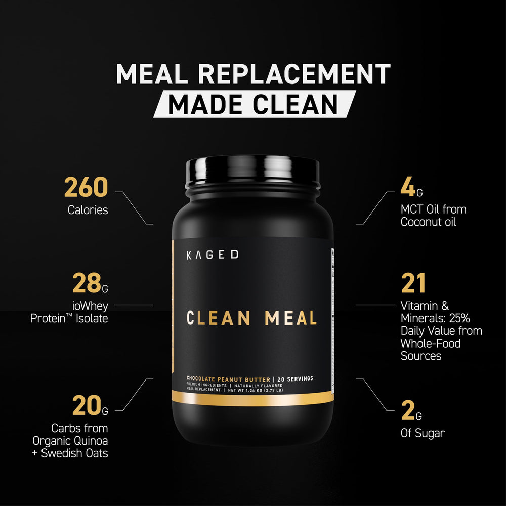 Shaker glass with Kaged Clean Meal chocolate peanut butter shake ready to sip