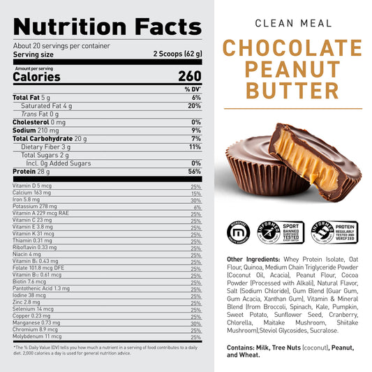 Close-up of Kaged Clean Meal whey protein isolate highlighting a high protein ingredient