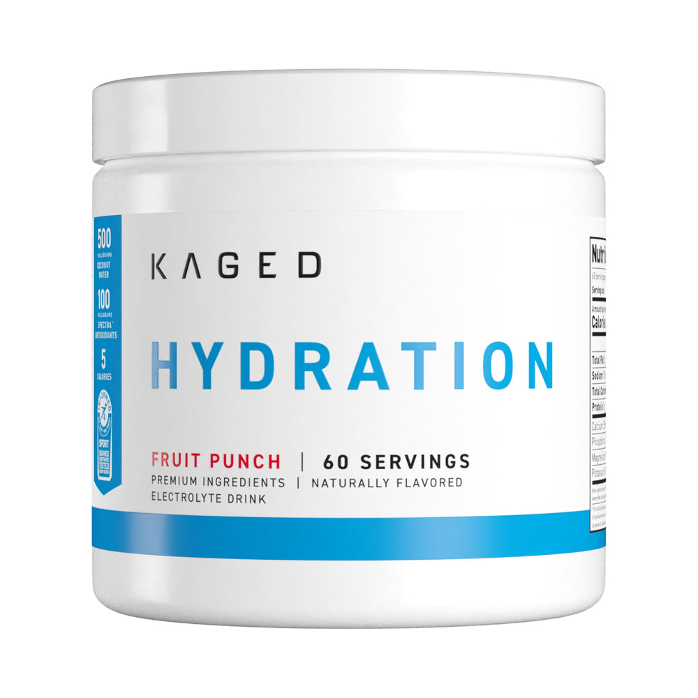 Kaged Daily Hydration bottle pour shows quick electrolyte refresh after workouts