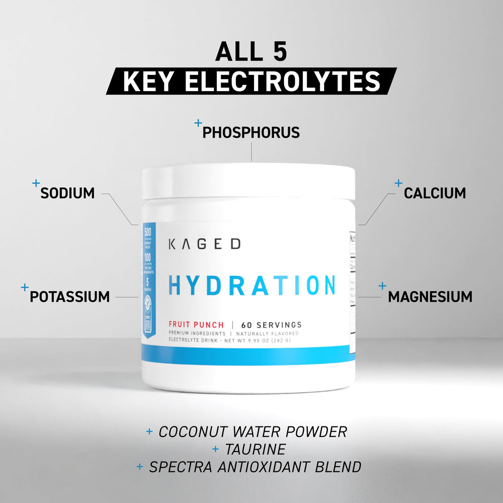 Kaged Daily Hydration label close-up highlights sugar-free formula and coconut water base