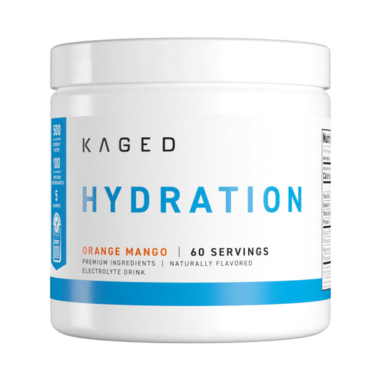 Kaged Daily Hydration tub front shows a sugar-free electrolyte blend for workouts and daily balance
