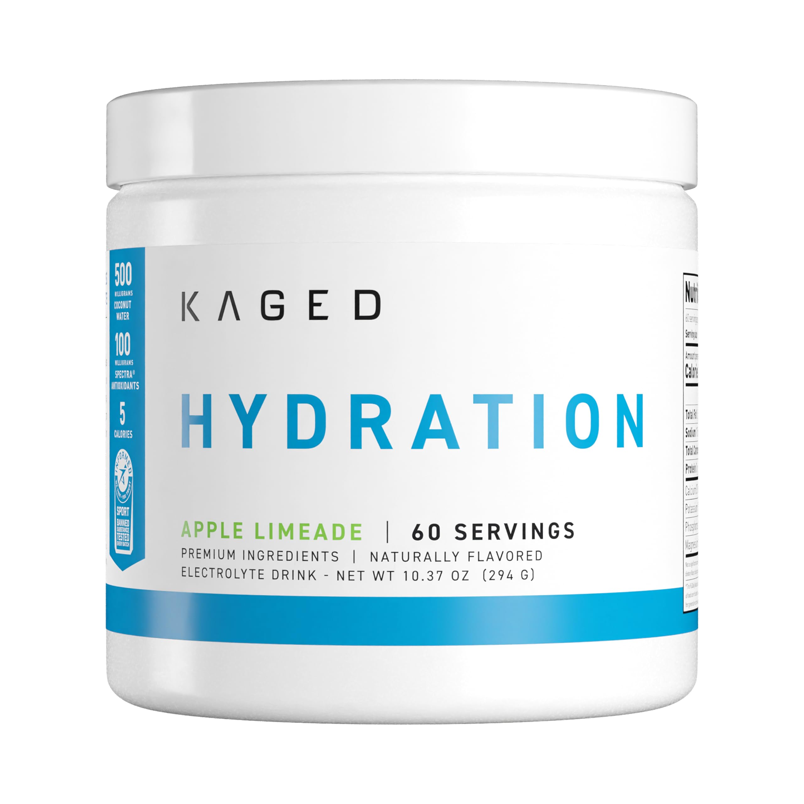 Kaged HydraCharge apple limeade tub showing premium electrolyte powder for workout hydration.