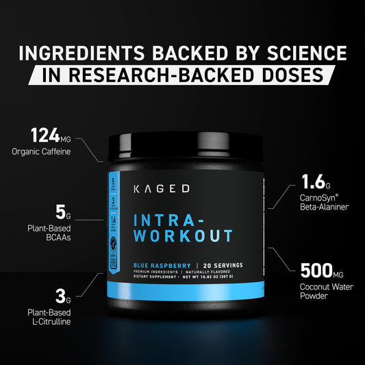 Kaged Intra-Workout BCAAs scoop highlights 5g BCAAs for recovery.