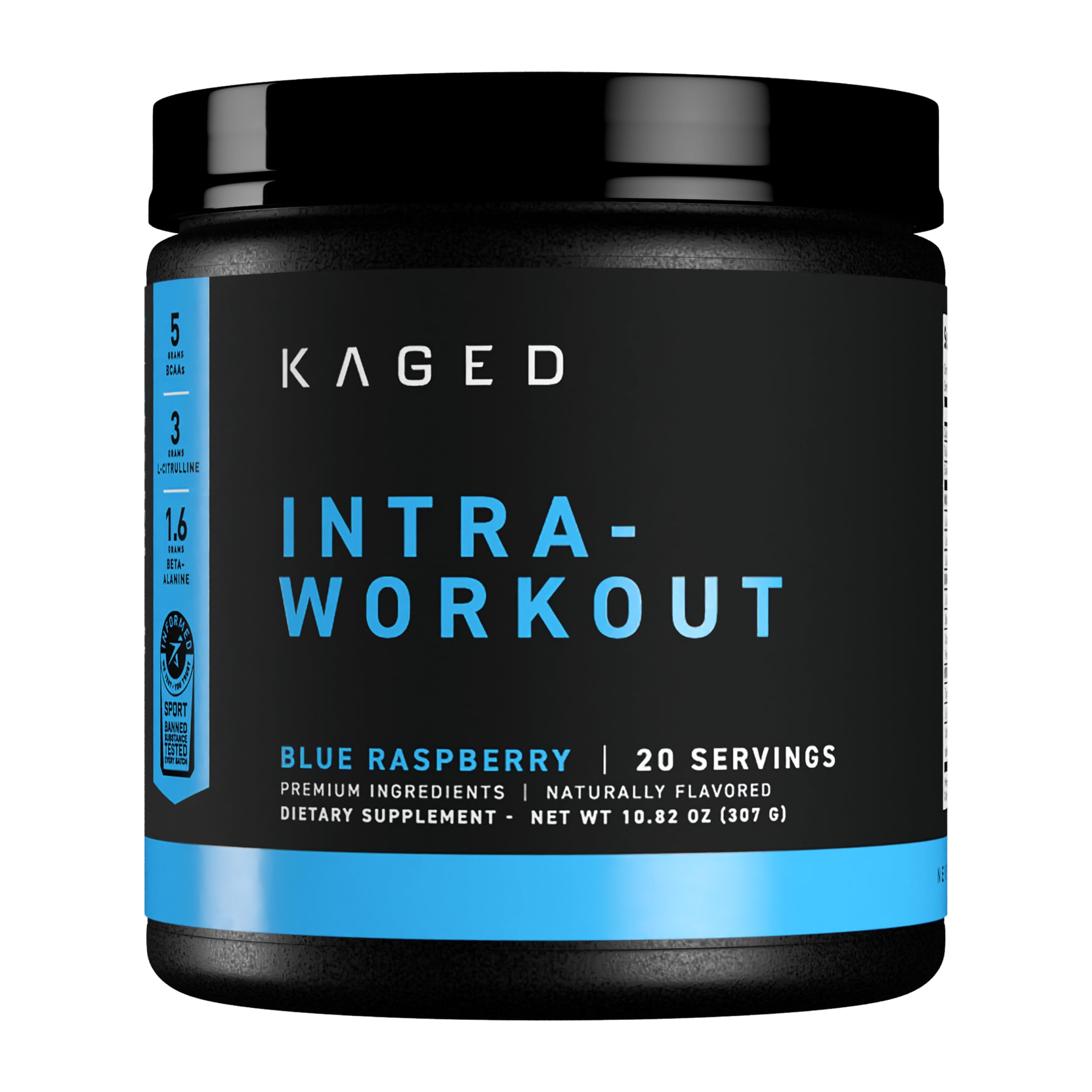 Kaged Intra-Workout blue raspberry bottle showing flavor and serving size for endurance.