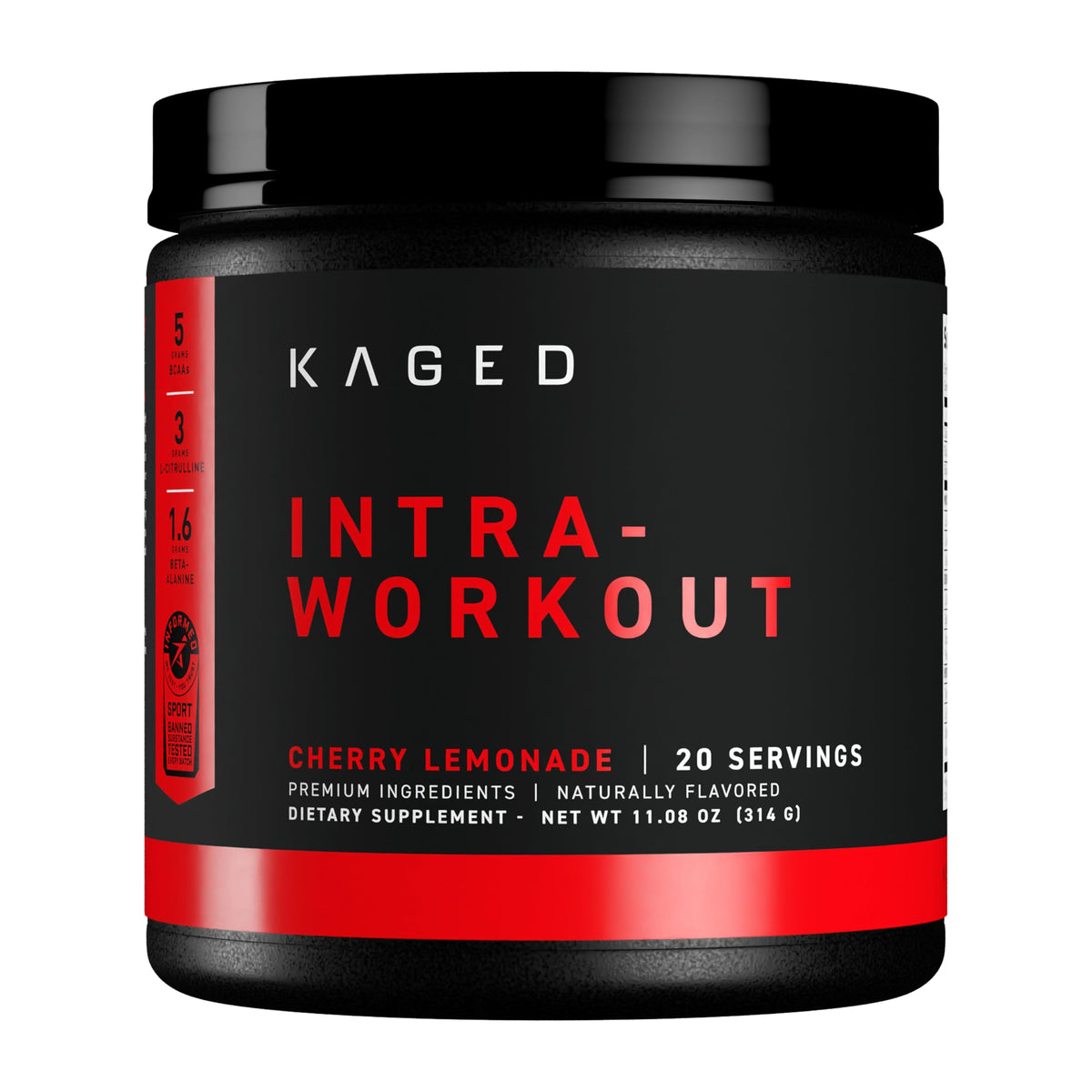 Kaged Intra-Workout Cherry Limeade bottle front showing clean energy profile