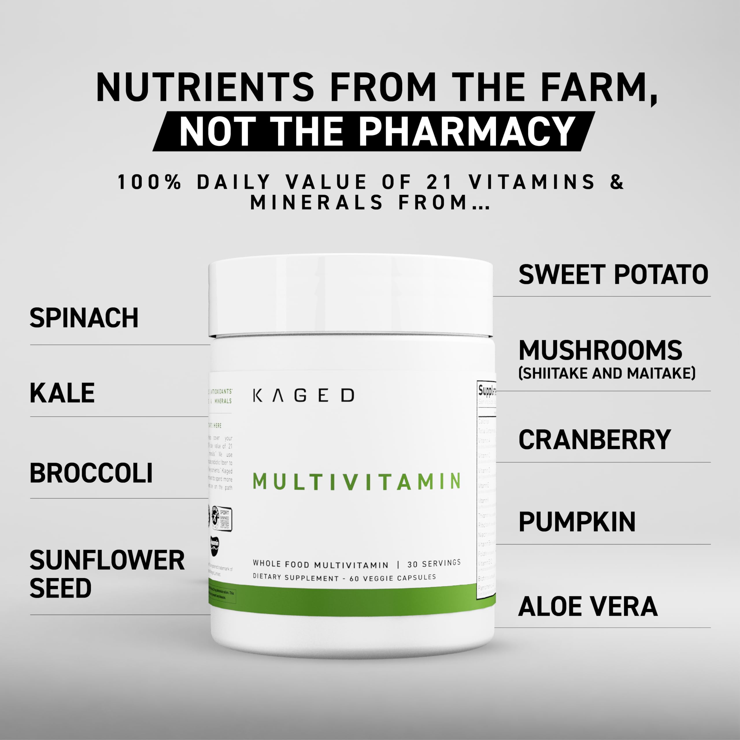 Kaged Multivitamin with organic fruits and veggies visuals for clean nutrition