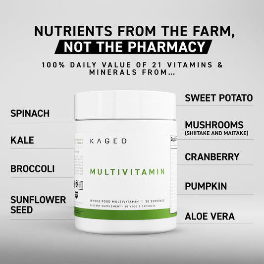Kaged Multivitamin with organic fruits and veggies visuals for clean nutrition
