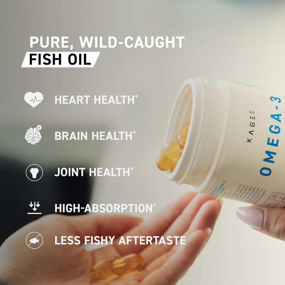 Kaged Omega-3 no fish burps badge indicating odorless oil.