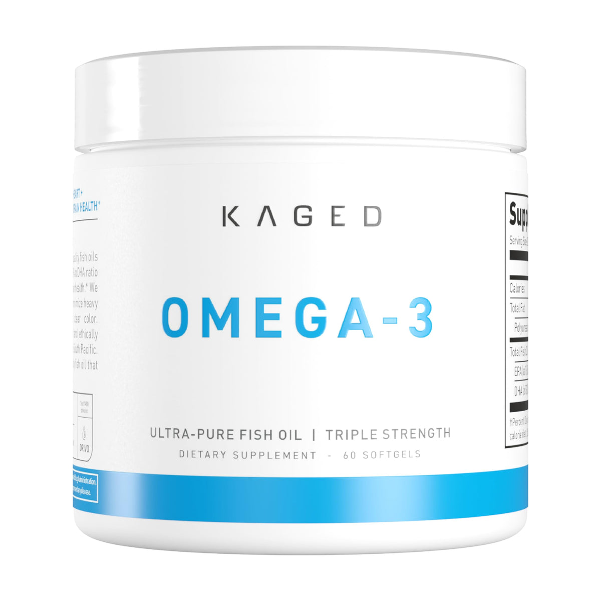 Kaged Omega-3 softgels bottle for daily heart and brain support.