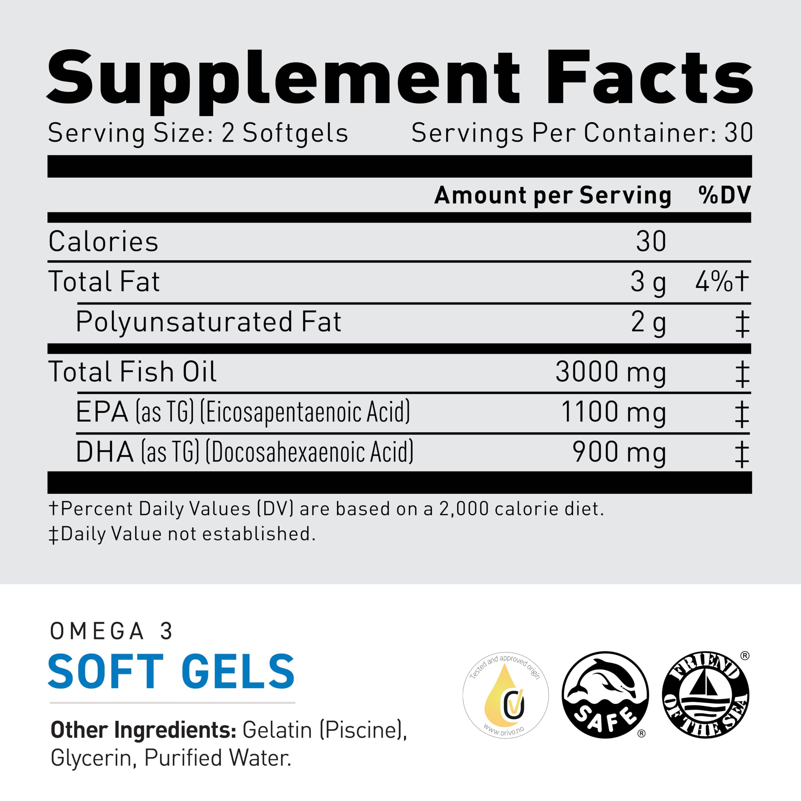 Kaged Omega-3 capsules close-up showing two-softgel daily serving.