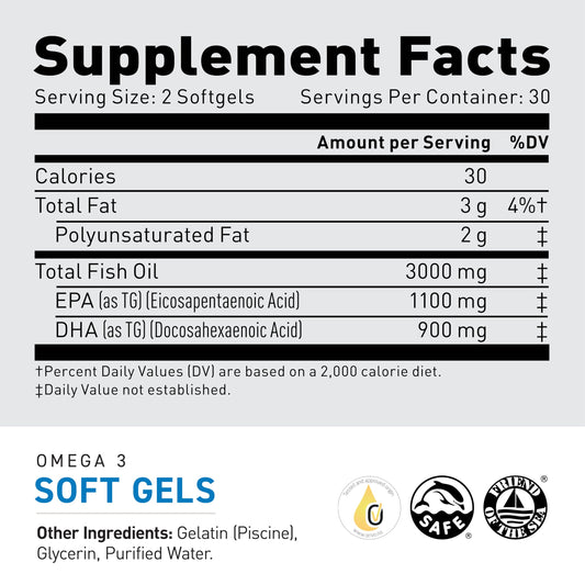 Kaged Omega-3 capsules close-up showing two-softgel daily serving.