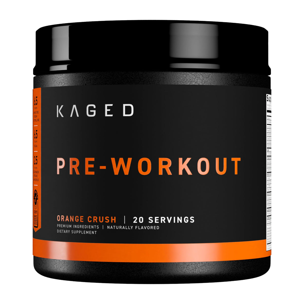 Kaged Orange Crush pre-workout tub front showing energy-boosting formula.