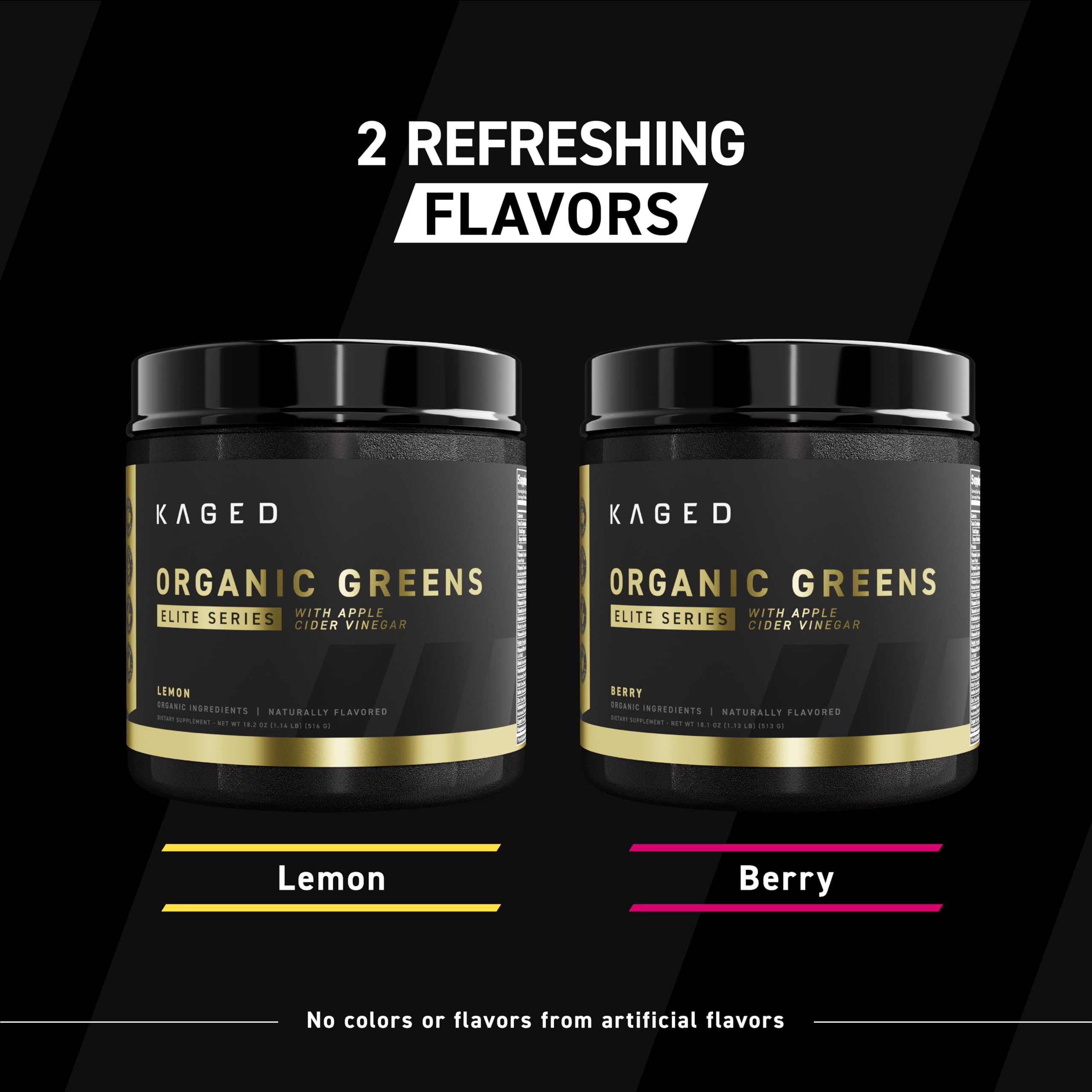 Open jar of Kaged Organic Greens Elite Berry packaging and premium product