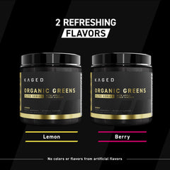 Open jar of Kaged Organic Greens Elite Berry packaging and premium product