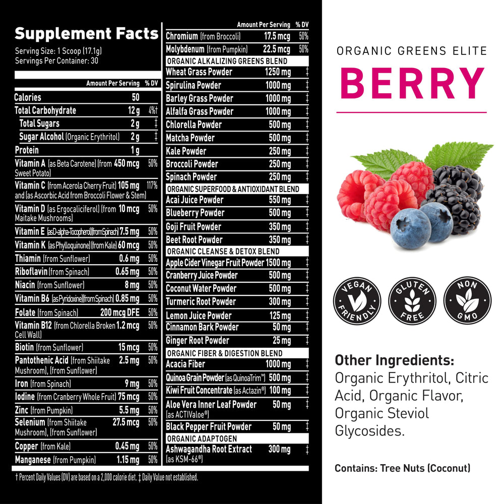 Scoop with Kaged Organic Greens Elite Berry powder for simple daily use