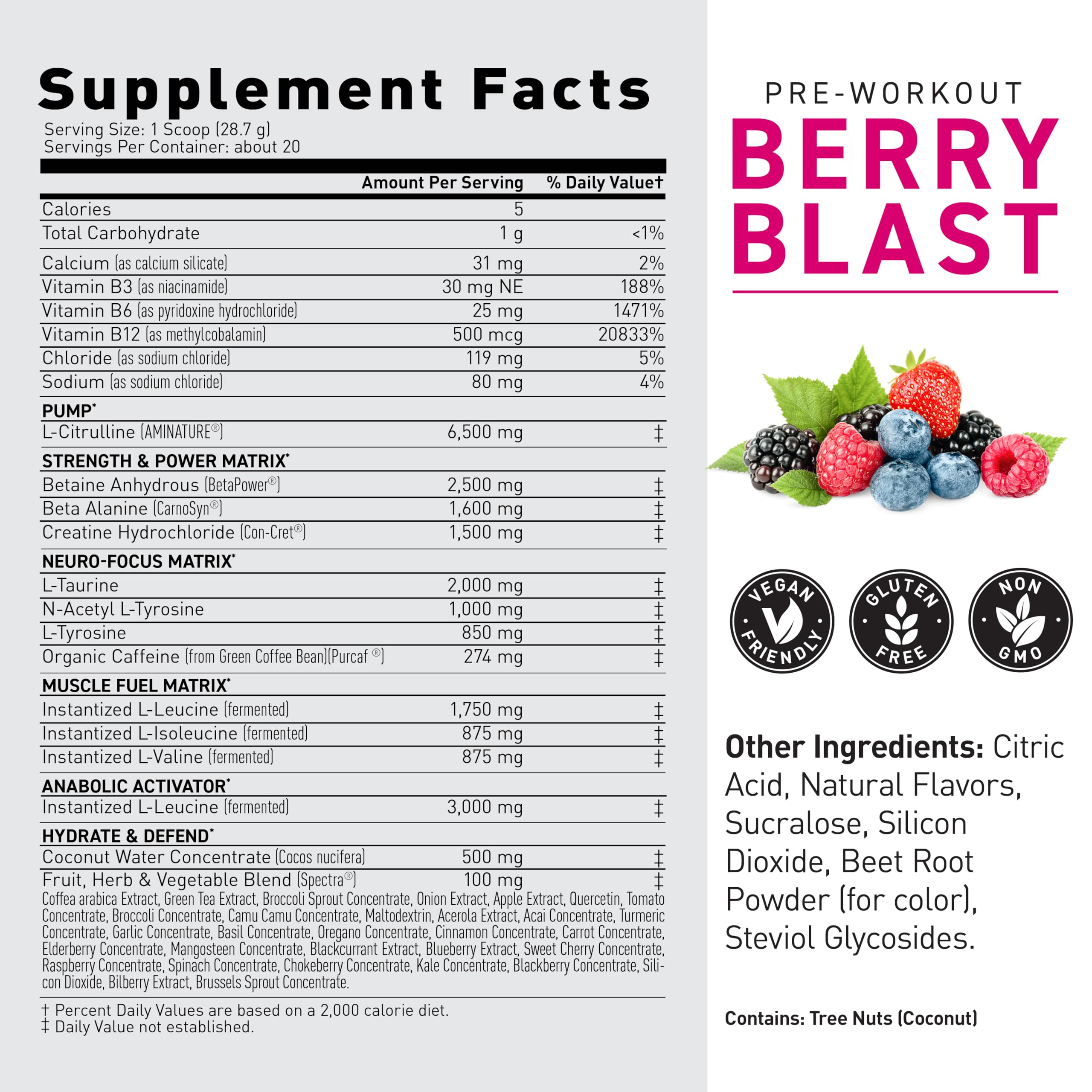 Kaged Original Pre Workout Berry Blast ingredients highlight L-Citrulline and BCAAs for performance support.