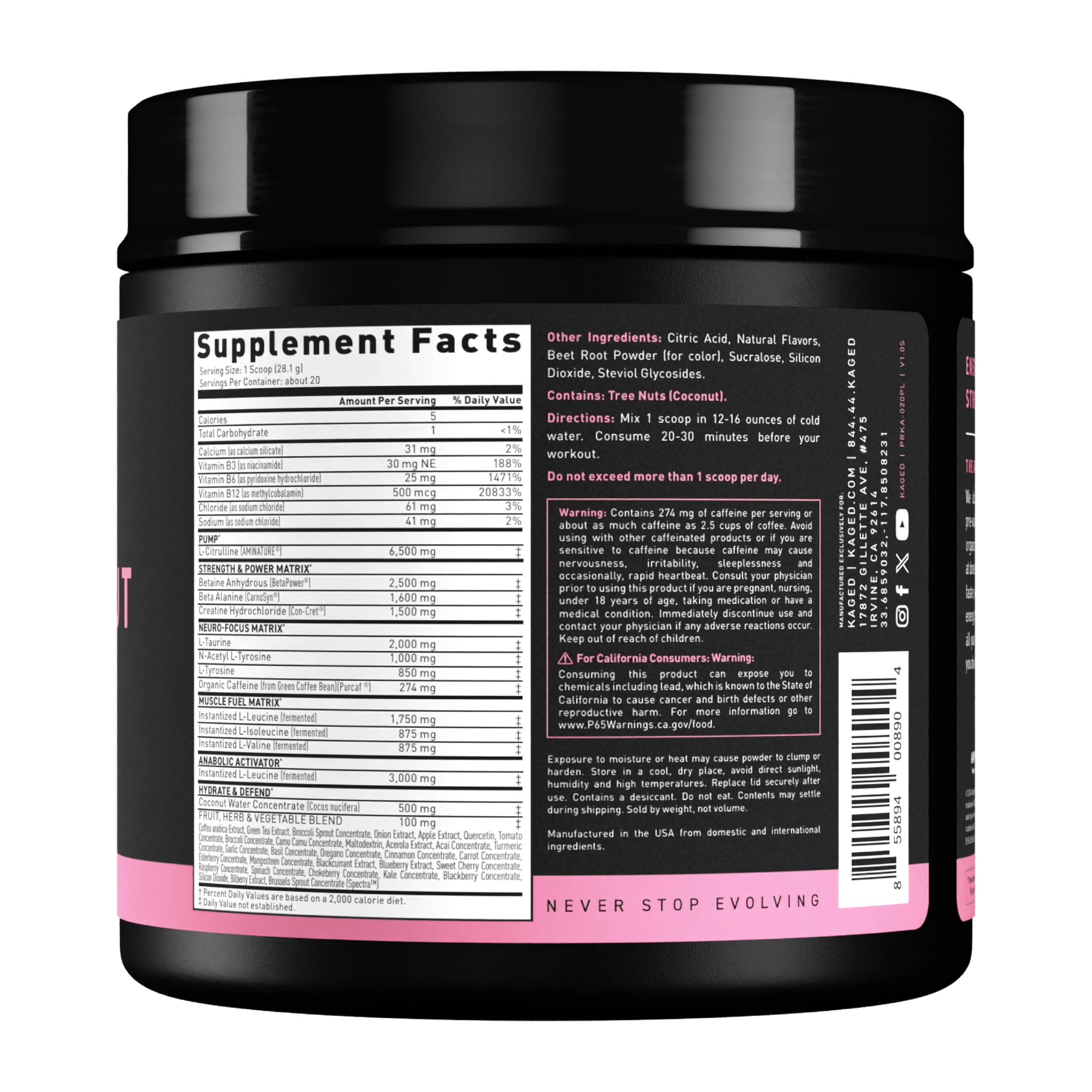 Opened tub of Kaged Original Pre-workout Pink Lemonade ready to mix.