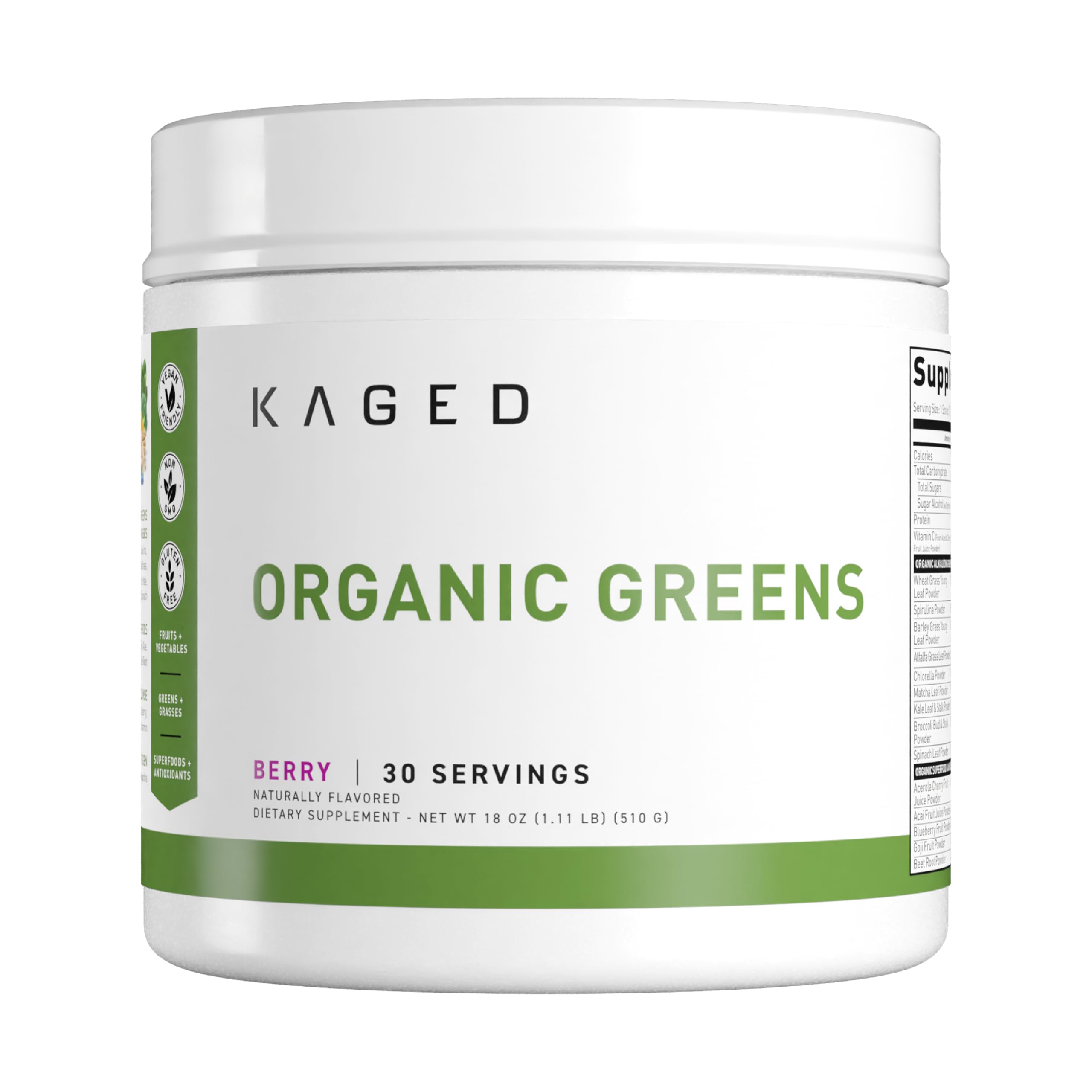 Kaged Outlive100 Berry bottle front showing fresh greens profile and branding