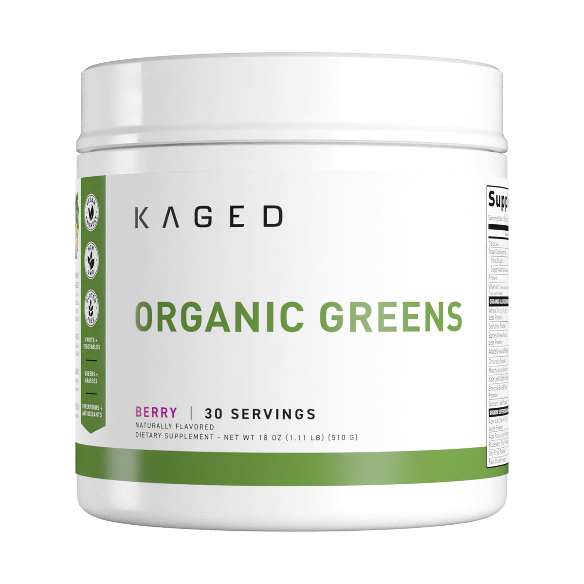 Kaged Outlive100 Berry bottle front showing fresh greens profile and branding